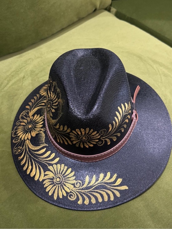 Hand Crafted Other - Hand Crafted Black Fedora with Gold Floral Accents and Brown Band